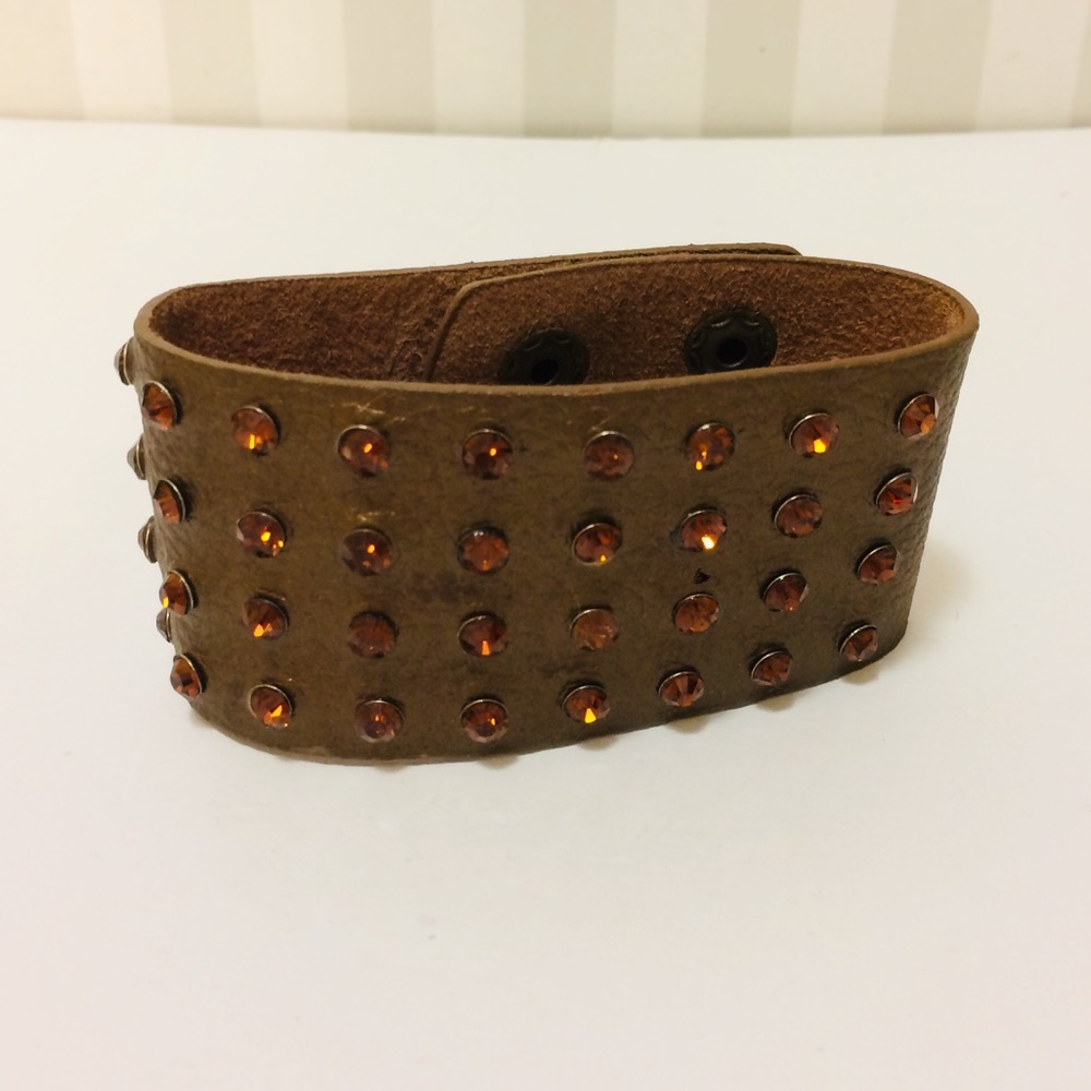 Brown Gemstones Faux Leather Cuff Bracelet